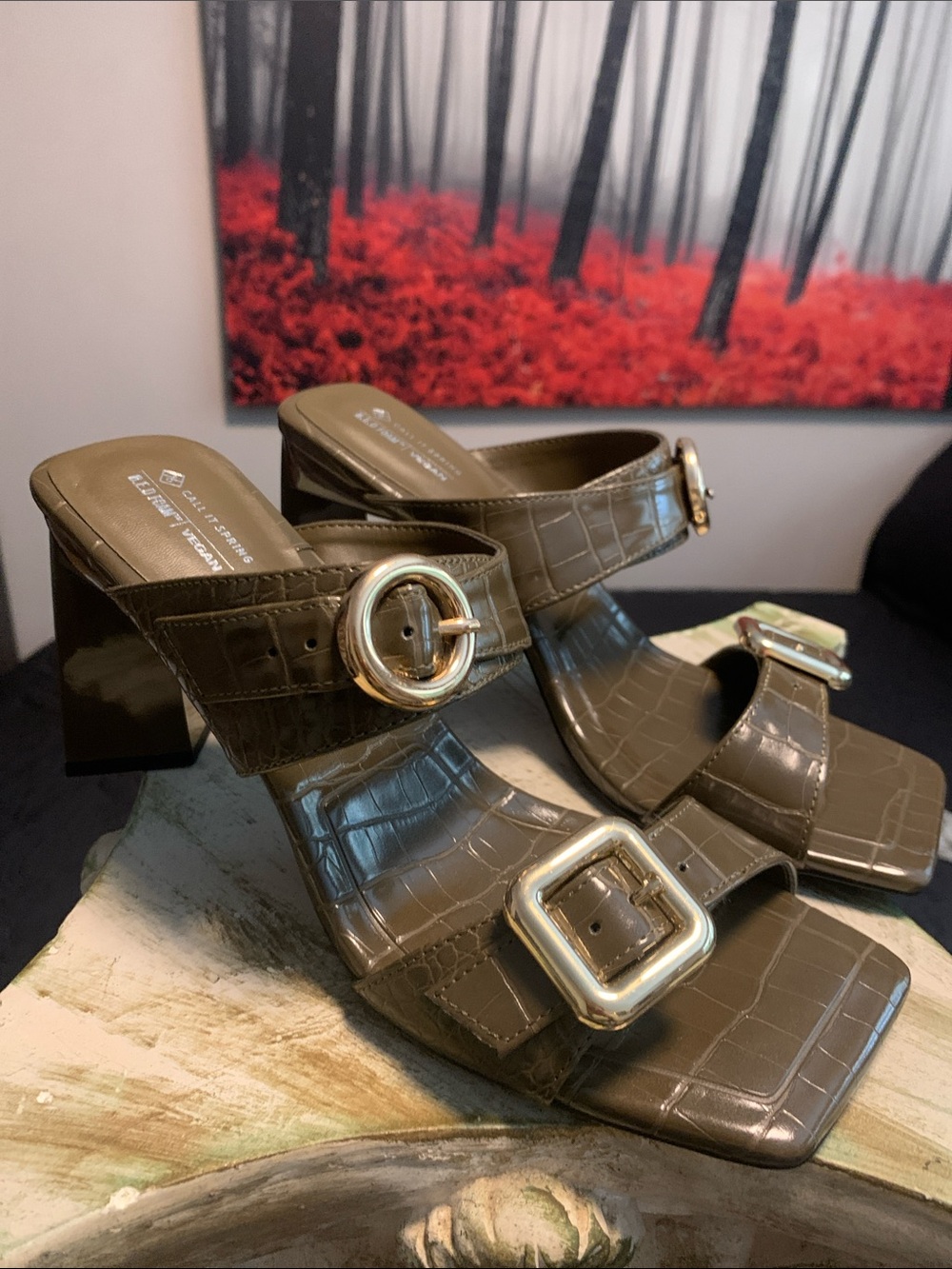 Call It Spring Olive Croc-Embossed Buckle Block Heels